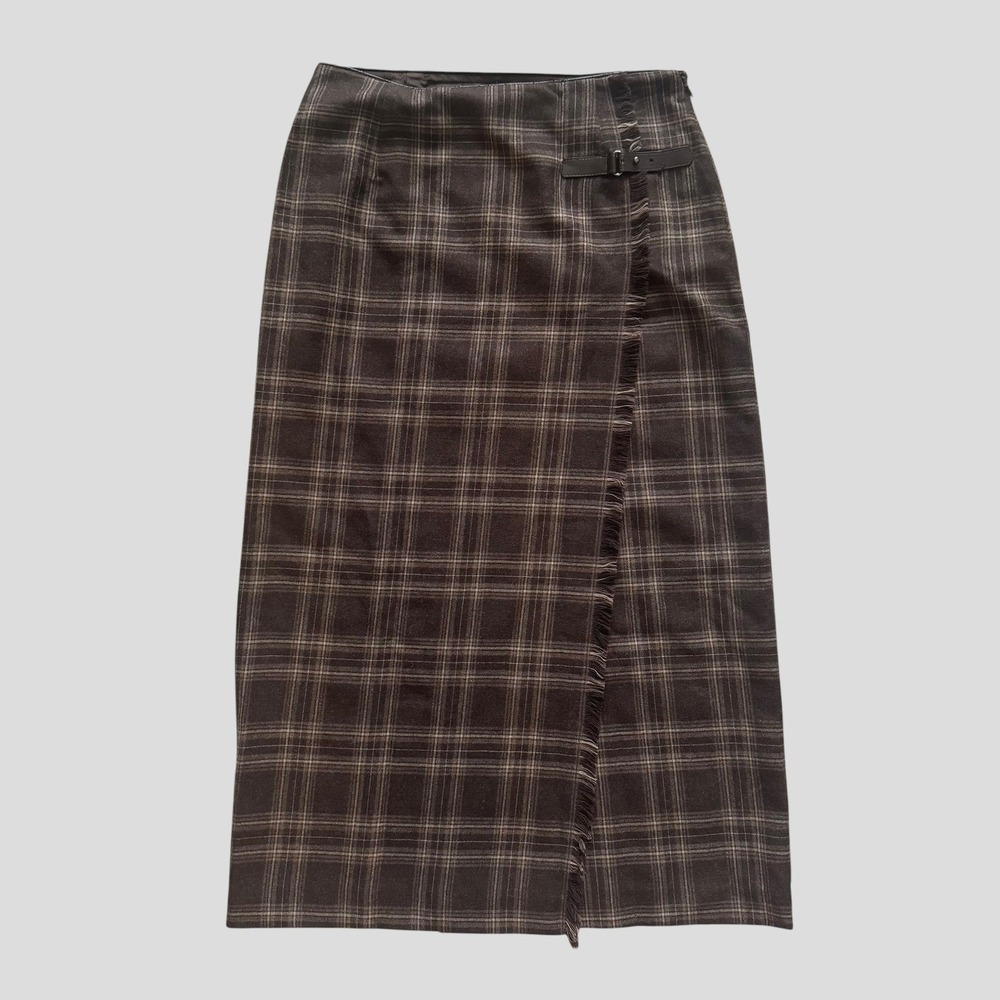 Rafaella Petites Brown Plaid 100% Wool Wrap Midi Skirt Fringe tartan Size 8P
